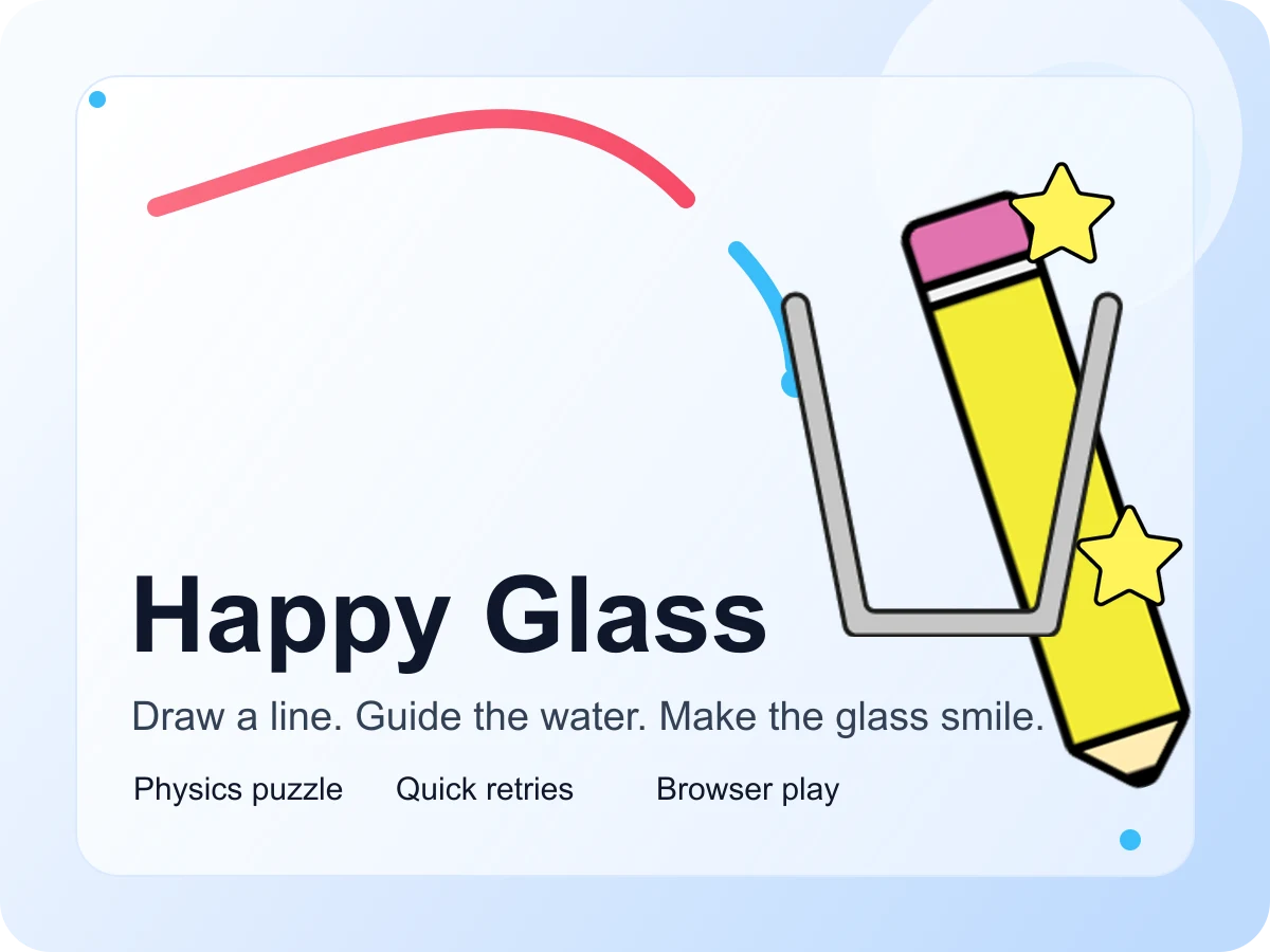 Happy Glass puzzle scene with a smiling glass, falling water, and a hand-drawn line